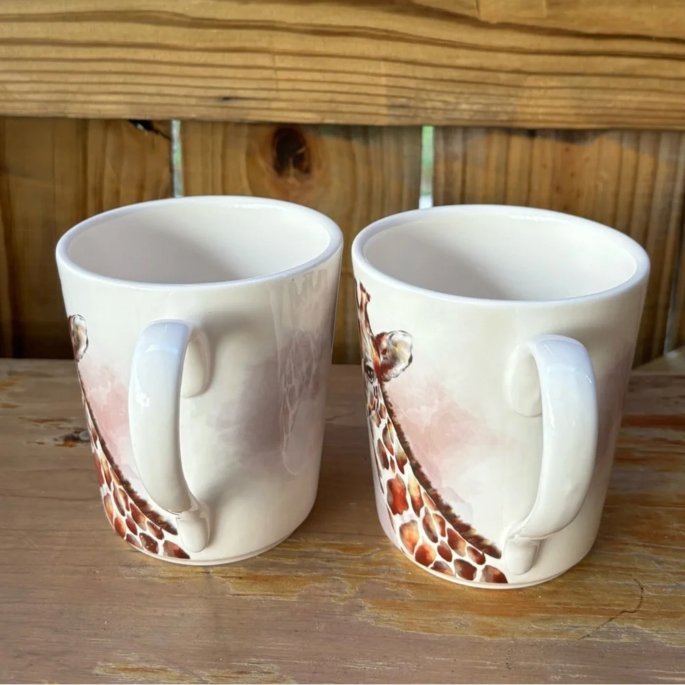 Set of 2 Pier 1 Imports Watercolor Giraffe 16oz Ironstone Coffee Mugs Tea Cups